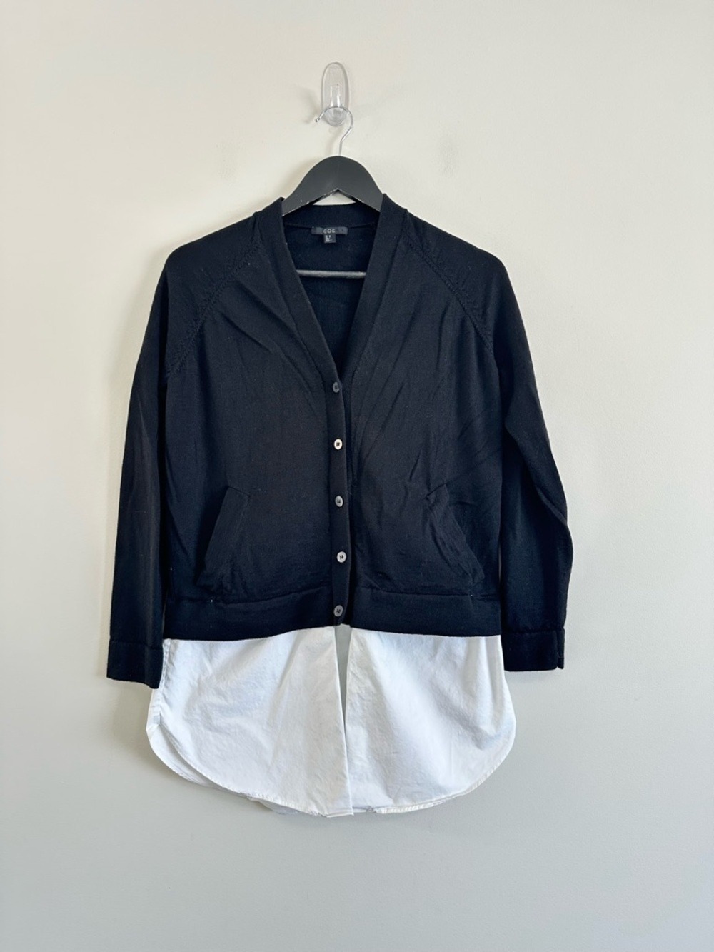 Cos Hybrid Layered Wool Cardigan Size XS Black White - Picture 3 of 12